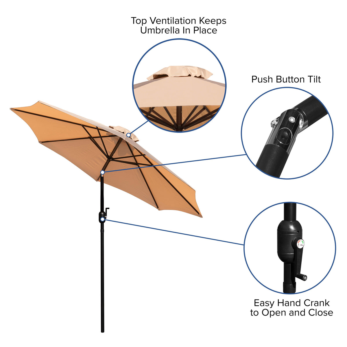 Tan |#| Tan 9 FT Round Umbrella - 1.5inch Diameter Aluminum Pole - Crank and Tilt Function