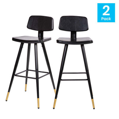 Kora Commercial Grade Low Back Barstools-LeatherSoft Upholstery-Iron Frame-Integrated Footrest-Gold Tipped Legs-Set of 2
