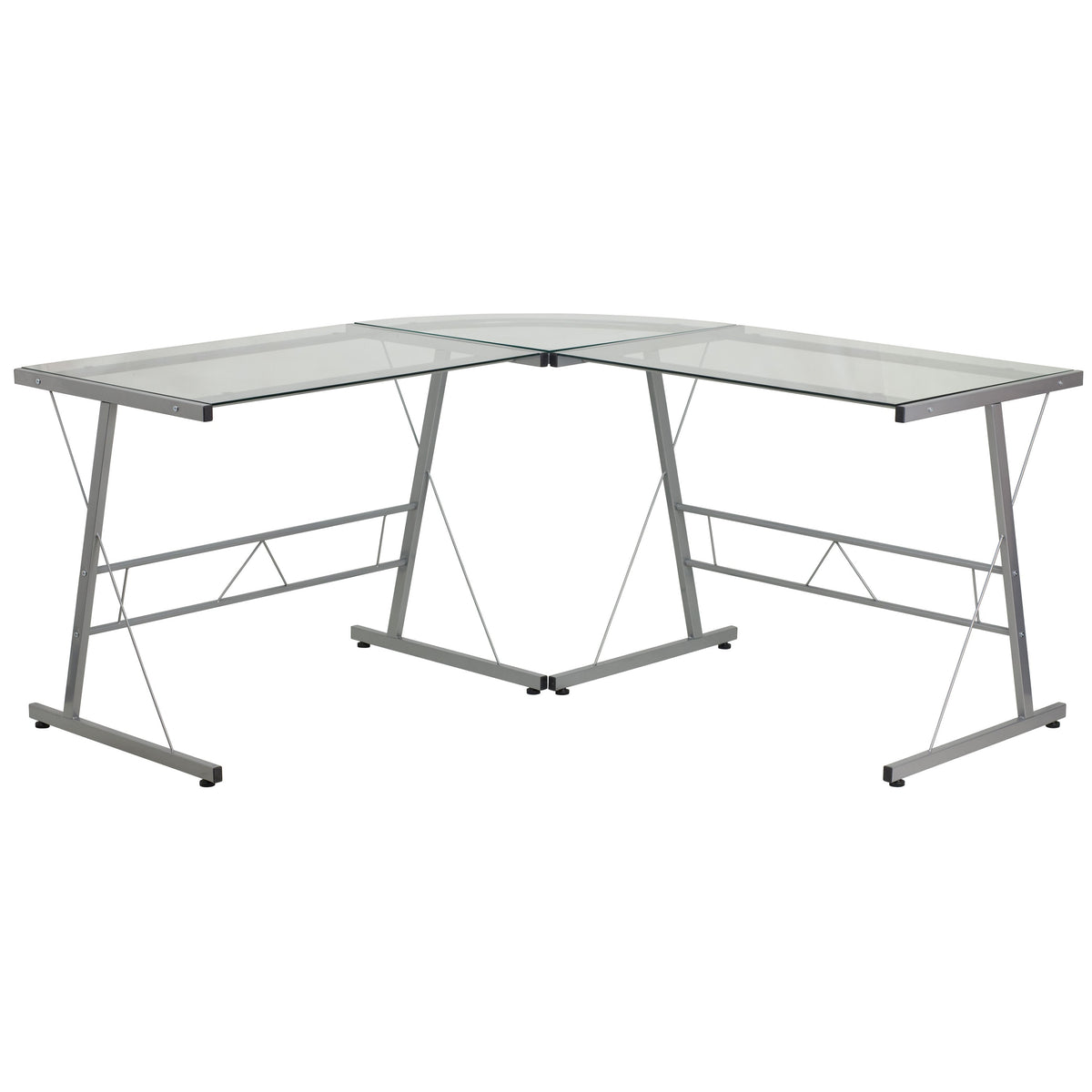 Clear Top/Silver Frame |#| L-Shaped Computer Corner Glass Desk, Gaming Desk, Home Office Corner Desk, Clear