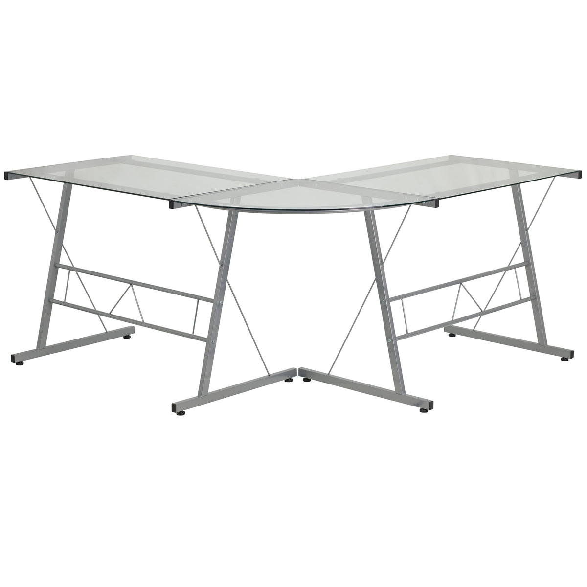 Clear Top/Silver Frame |#| L-Shaped Computer Corner Glass Desk, Gaming Desk, Home Office Corner Desk, Clear