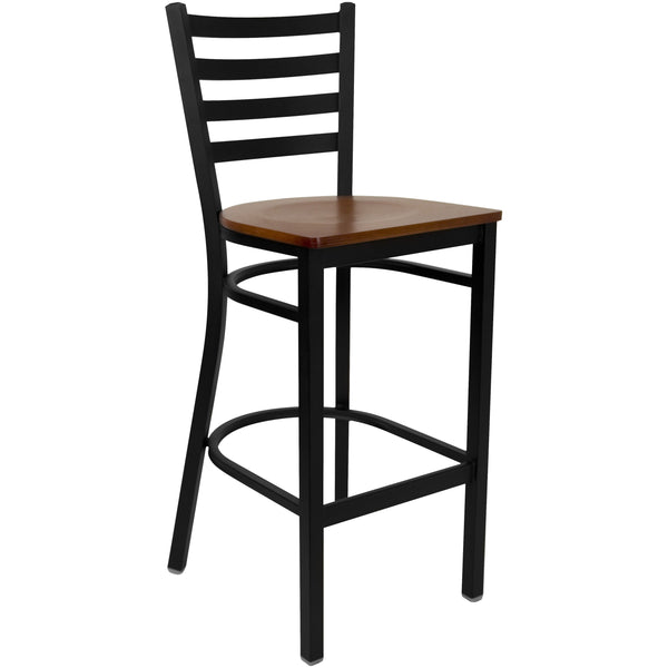 Cherry Wood Seat/Black Metal Frame |#| Black Ladder Back Metal Restaurant Barstool - Cherry Wood Seat