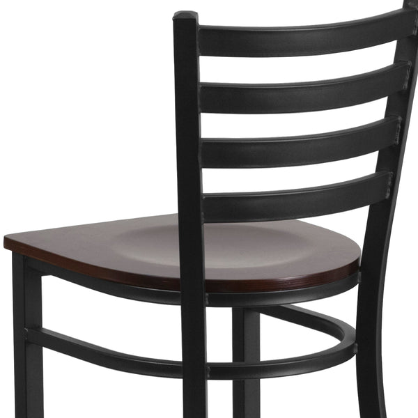 Walnut Wood Seat/Black Metal Frame |#| Black Ladder Back Metal Restaurant Barstool - Walnut Wood Seat