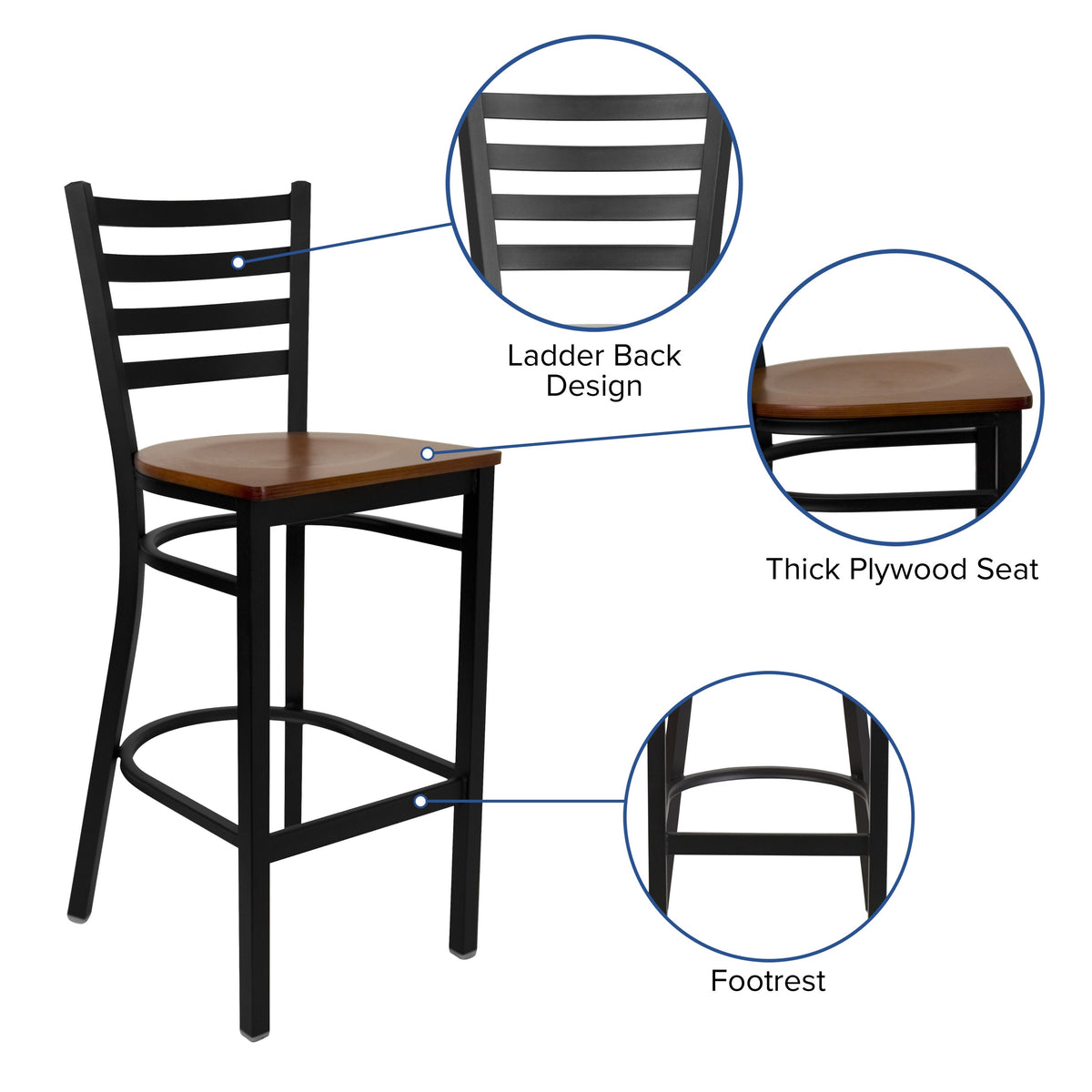 Cherry Wood Seat/Black Metal Frame |#| Black Ladder Back Metal Restaurant Barstool - Cherry Wood Seat