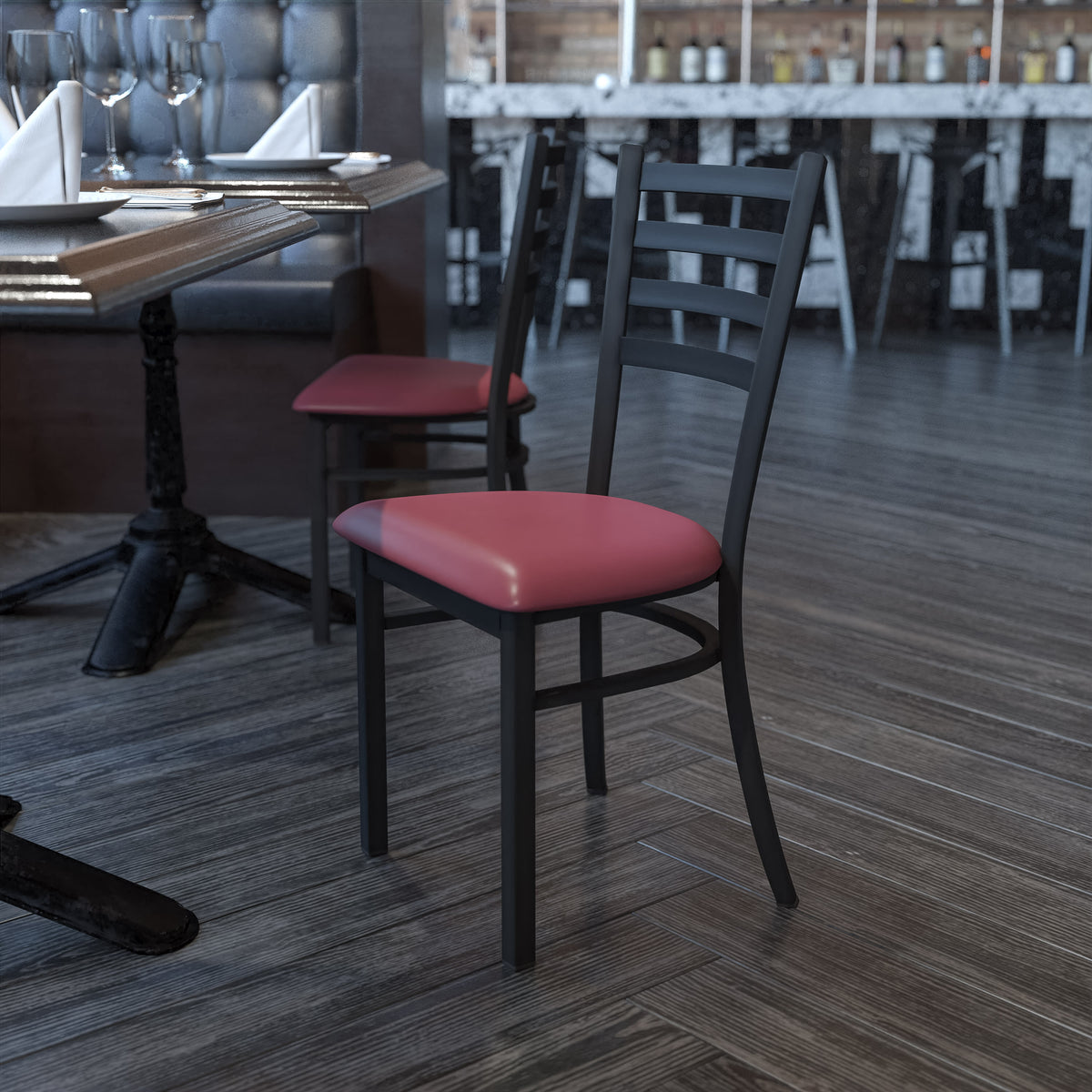 Burgundy Vinyl Seat/Black Metal Frame |#| Black Ladder Back Metal Restaurant Chair - Burgundy Vinyl Seat