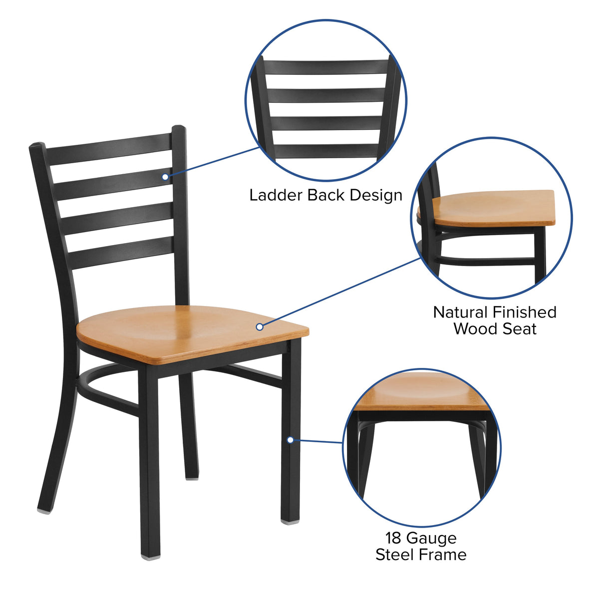 Natural Wood Seat/Black Metal Frame |#| Black Ladder Back Metal Restaurant Chair - Natural Wood Seat