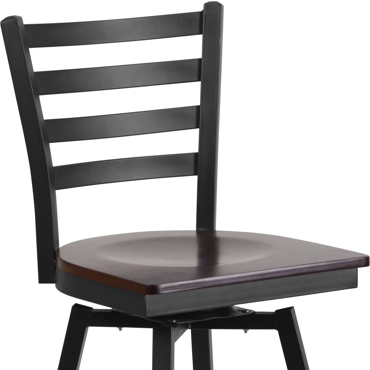 Walnut Wood Seat/Black Metal Frame |#| Black Ladder Back Swivel Metal Barstool - Walnut Wood Seat