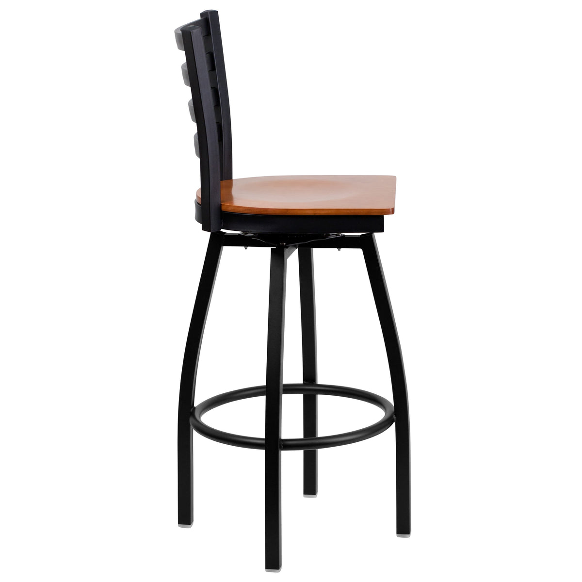 Cherry Wood Seat/Black Metal Frame |#| Black Ladder Back Swivel Metal Barstool - Cherry Wood Seat