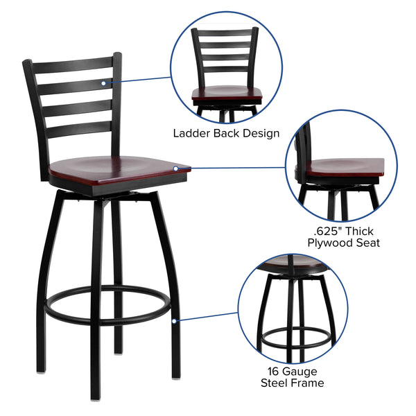 Mahogany Wood Seat/Black Metal Frame |#| Black Ladder Back Swivel Metal Barstool - Mahogany Wood Seat