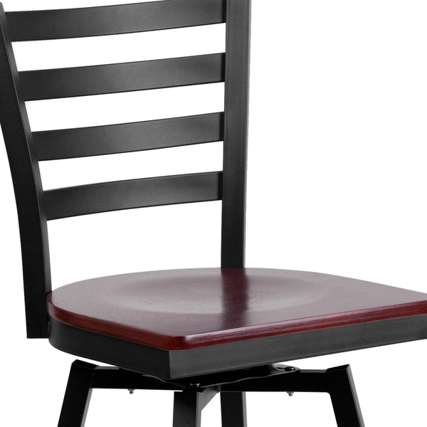 Mahogany Wood Seat/Black Metal Frame |#| Black Ladder Back Swivel Metal Barstool - Mahogany Wood Seat