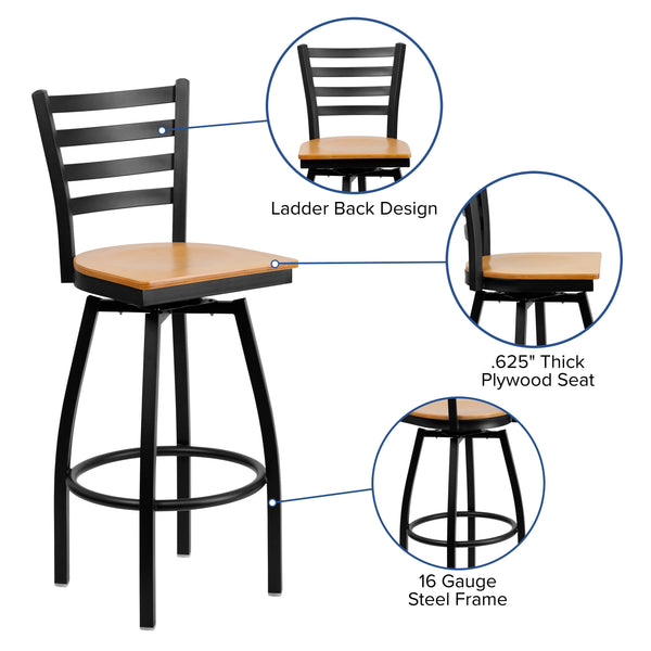 Natural Wood Seat/Black Metal Frame |#| Black Ladder Back Swivel Metal Barstool - Natural Wood Seat
