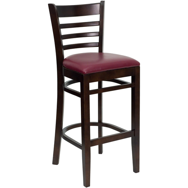 Burgundy Vinyl Seat/Walnut Wood Frame |#| Ladder Back Walnut Wood Restaurant Barstool - Burgundy Vinyl Seat