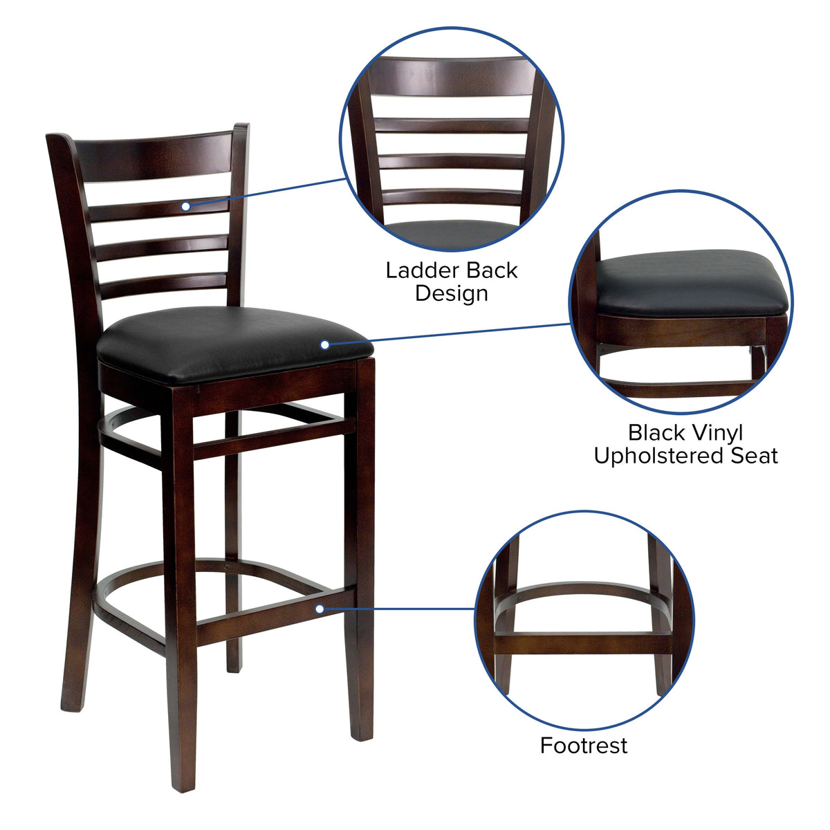 Black Vinyl Seat/Walnut Wood Frame |#| Ladder Back Walnut Wood Restaurant Barstool - Black Vinyl Seat