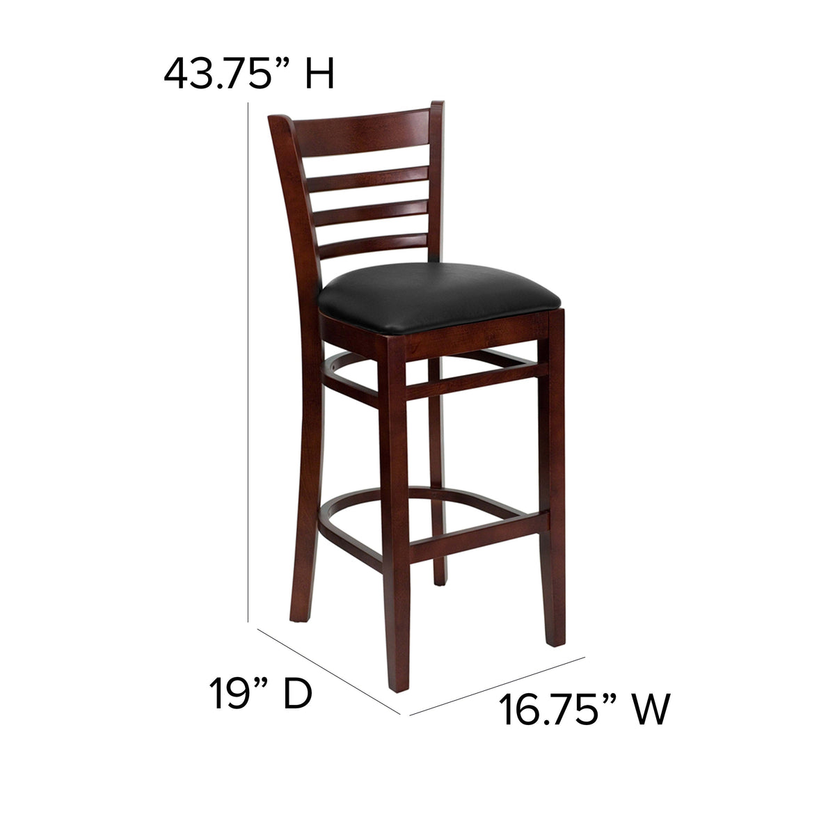 Black Vinyl Seat/Walnut Wood Frame |#| Ladder Back Walnut Wood Restaurant Barstool - Black Vinyl Seat