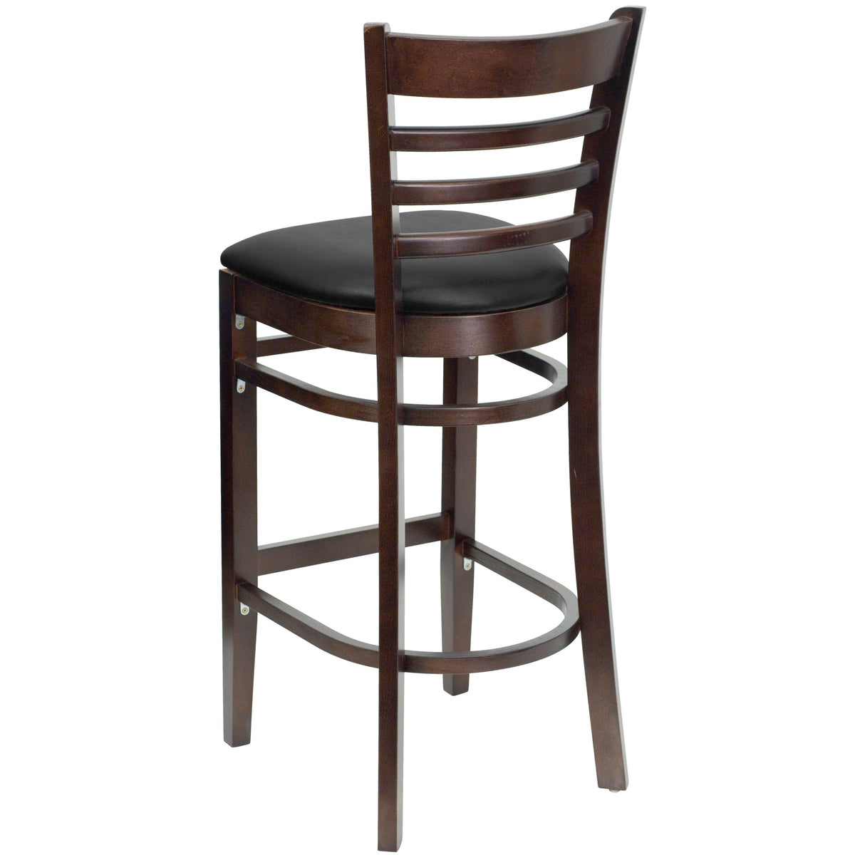 Black Vinyl Seat/Walnut Wood Frame |#| Ladder Back Walnut Wood Restaurant Barstool - Black Vinyl Seat