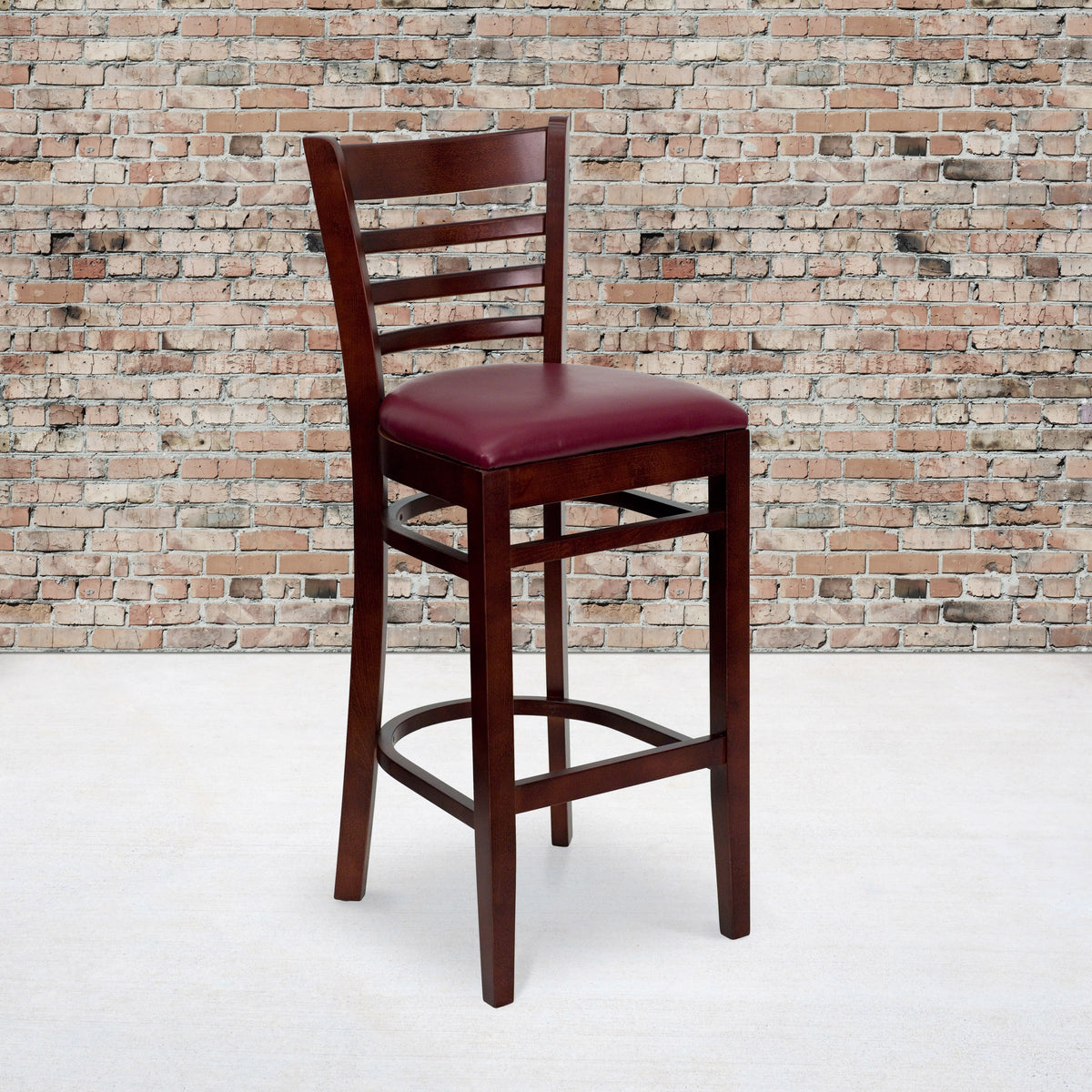 Burgundy Vinyl Seat/Mahogany Wood Frame |#| Ladder Back Mahogany Wood Restaurant Barstool - Burgundy Vinyl Seat