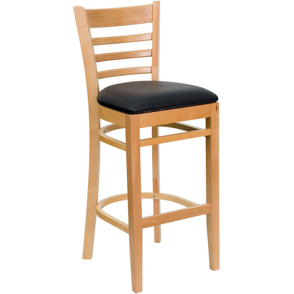 Black Vinyl Seat/Natural Wood Frame |#| Ladder Back Natural Wood Restaurant Barstool - Black Vinyl Seat