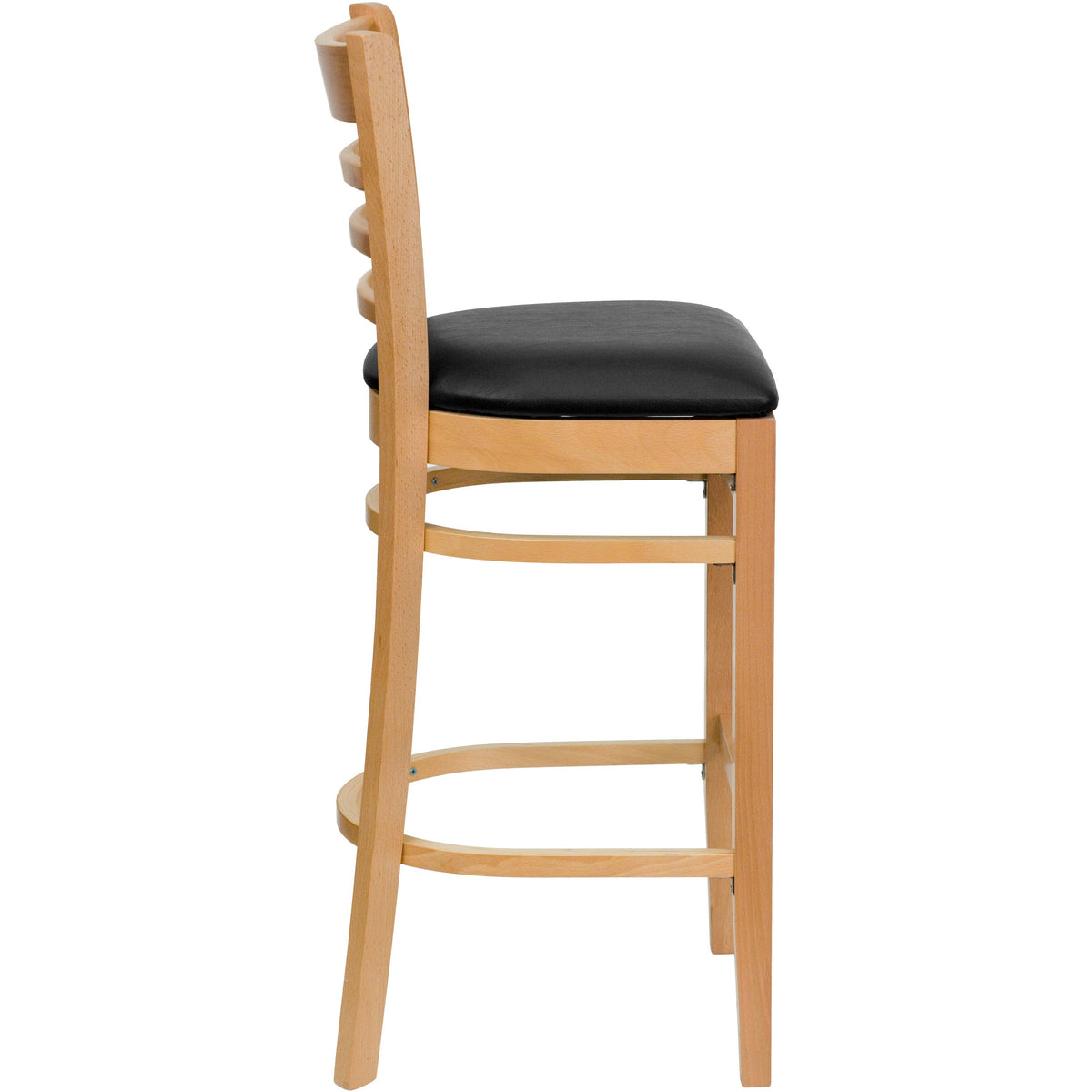 Black Vinyl Seat/Natural Wood Frame |#| Ladder Back Natural Wood Restaurant Barstool - Black Vinyl Seat