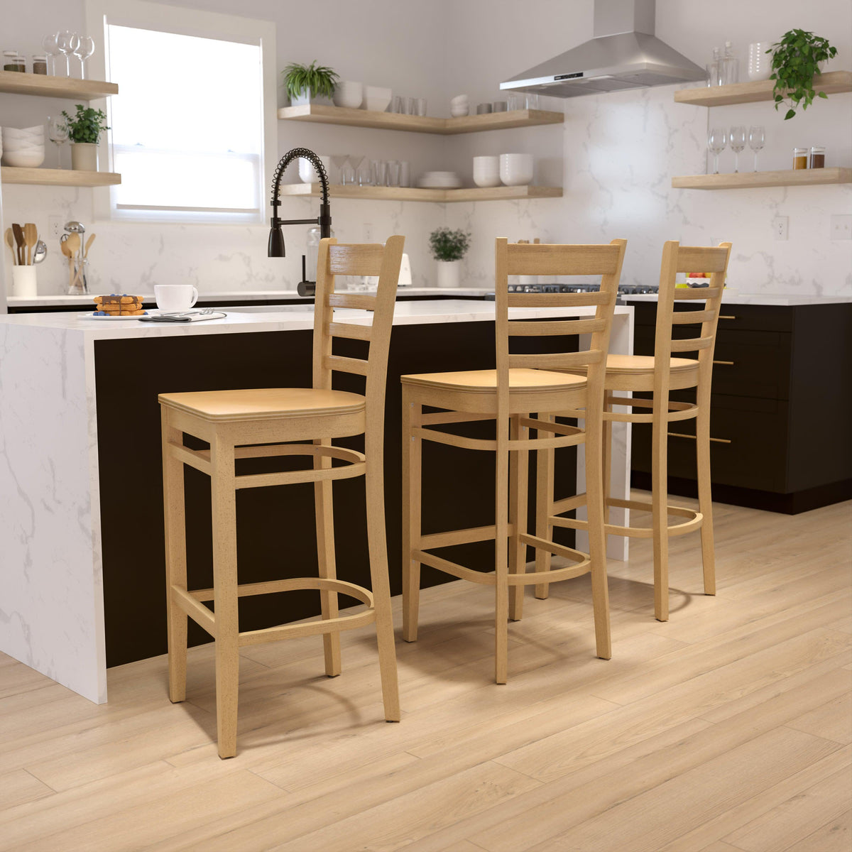 Natural Wood Seat/Natural Wood Frame |#| Ladder Back Natural Wood Restaurant Barstool