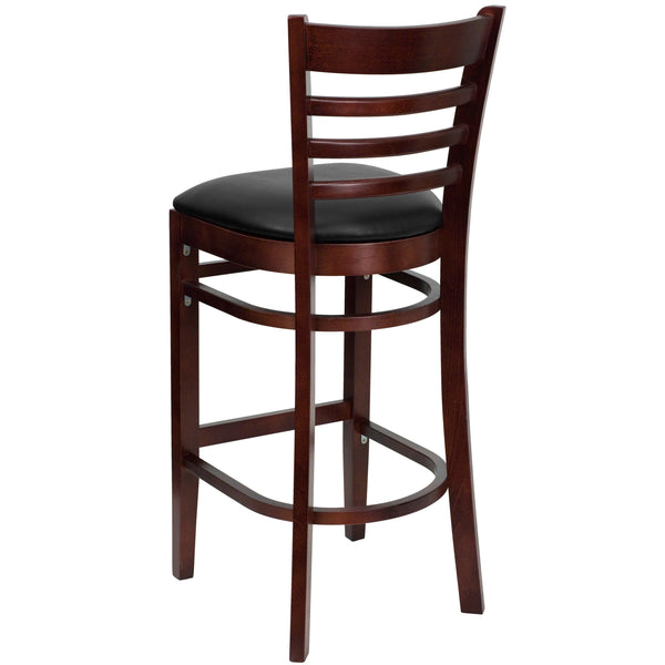 Black Vinyl Seat/Mahogany Wood Frame |#| Ladder Back Mahogany Wood Restaurant Barstool - Black Vinyl Seat