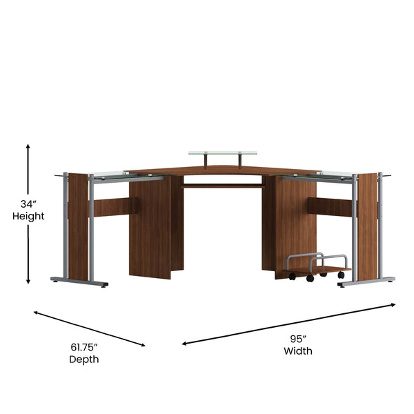 Teakwood Laminate Corner Desk with Pull-Out Keyboard Tray and CPU Cart