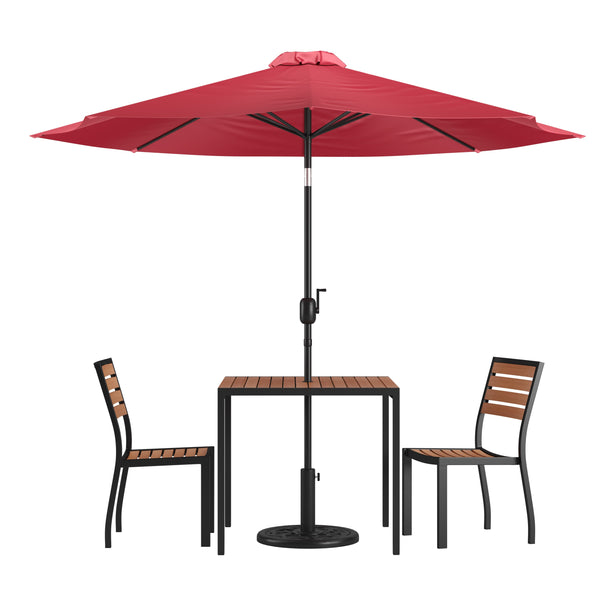 Red |#| Faux Teak 35inch Square Patio Table, 2 Chairs & Red 9FT Patio Umbrella with Base