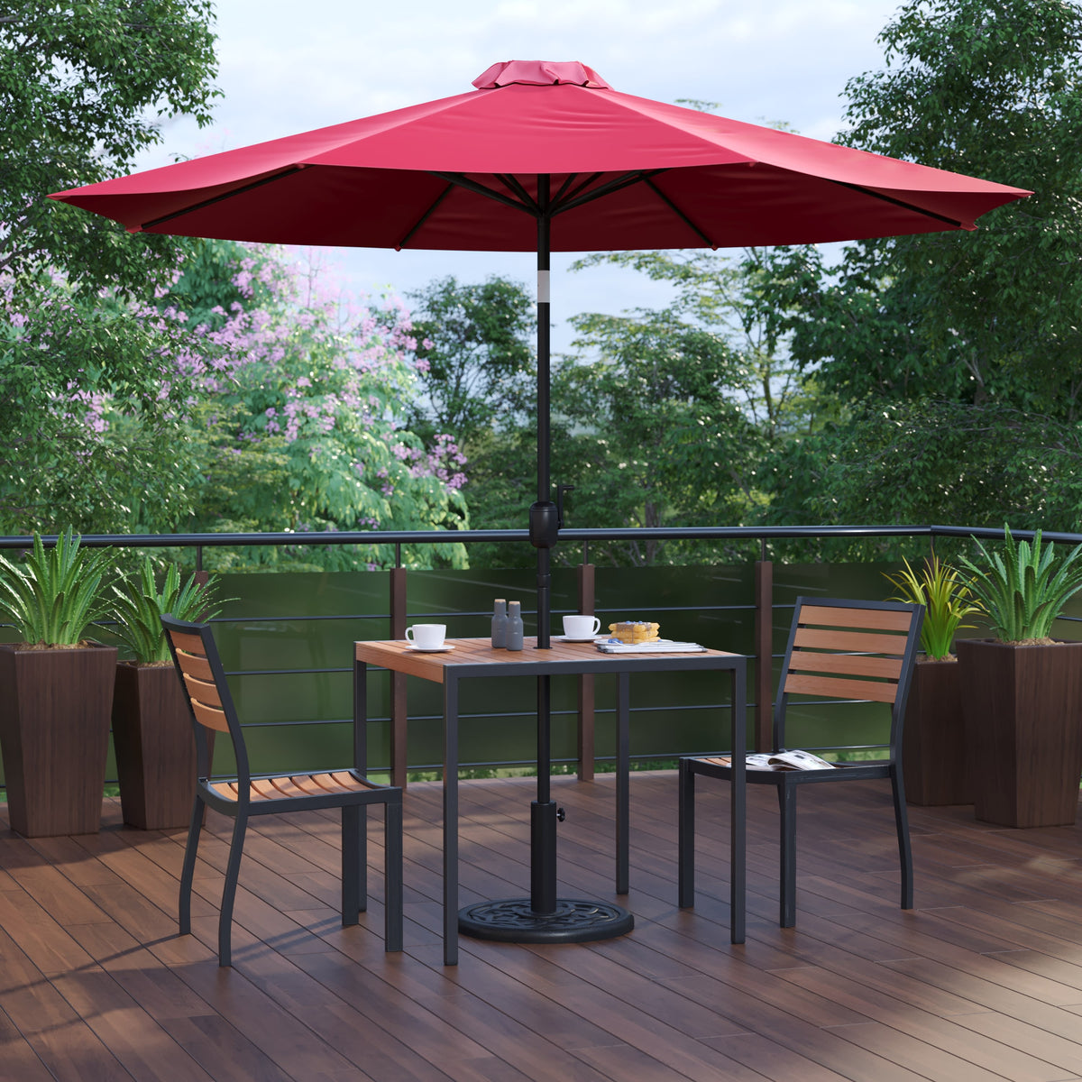 Red |#| Faux Teak 35inch Square Patio Table, 2 Chairs & Red 9FT Patio Umbrella with Base