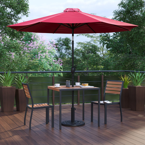 Red |#| Faux Teak 35inch Square Patio Table, 2 Chairs & Red 9FT Patio Umbrella with Base