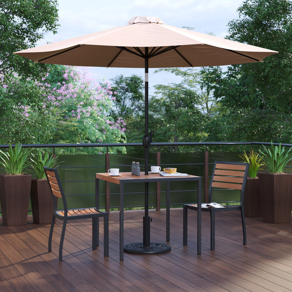 Tan |#| Faux Teak 35inch Square Patio Table, 2 Chairs & Tan 9FT Patio Umbrella with Base