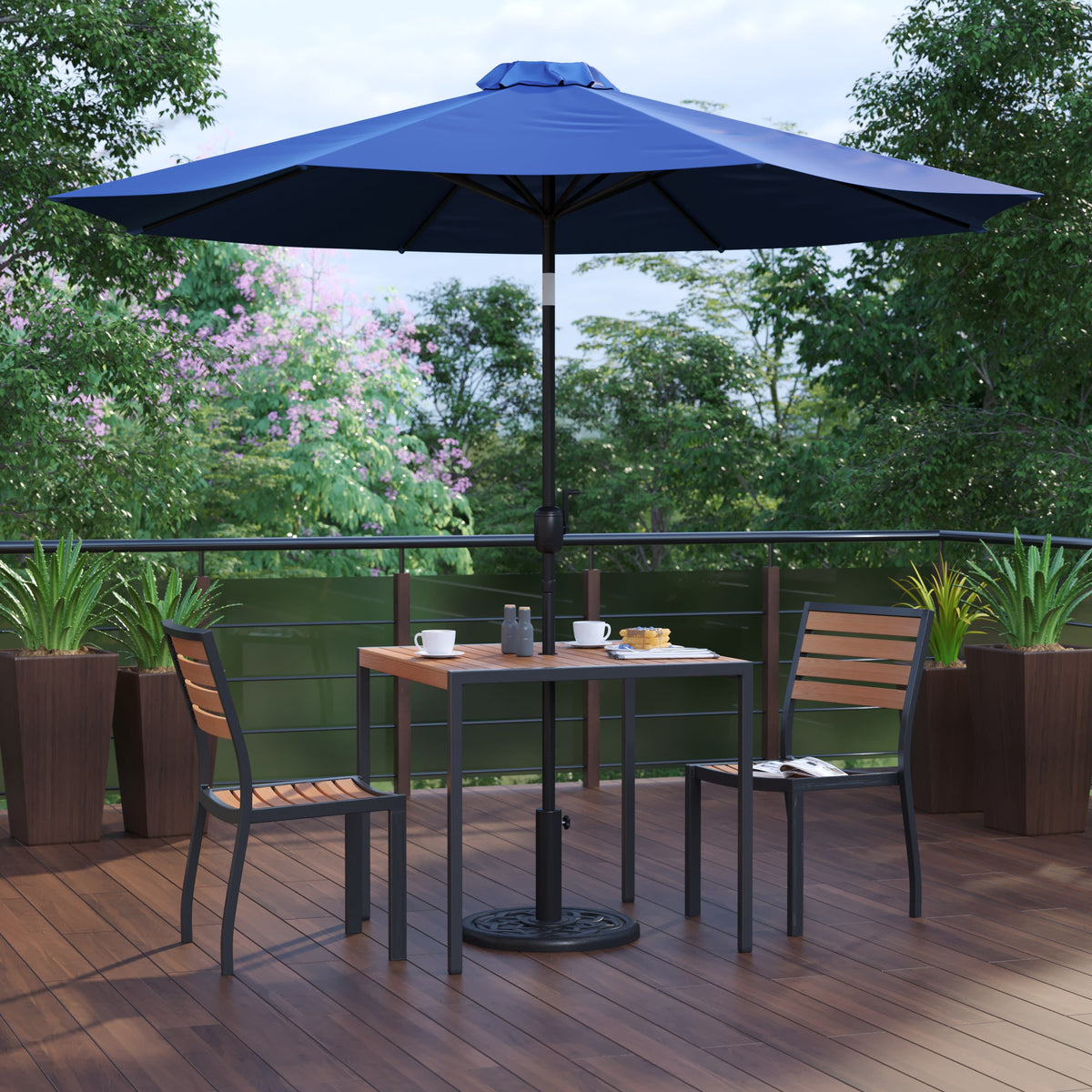 Navy |#| Faux Teak 35inch Square Patio Table, 2 Chairs & Navy 9FT Patio Umbrella with Base