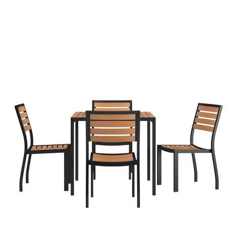 Lark 5 Piece Patio Table Set - Synthetic Teak Poly Slats - Lark 3Lark 5" Square Steel Framed Table with 4 Stackable Faux Teak Chairs