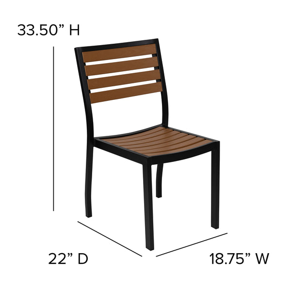 Black Indoor/Outdoor 35inch Square Faux Teak Table with 4 Club Chairs with Arms