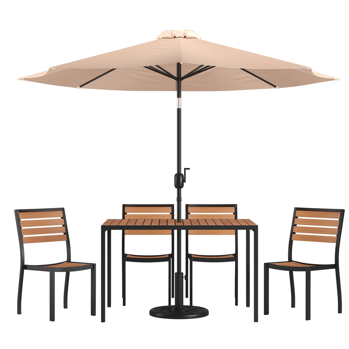 Tan |#| Faux Teak 30inch x 48inch Patio Table, 4 Chairs & Tan 9FT Patio Umbrella with Base