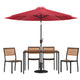 Red |#| Faux Teak 30inch x 48inch Patio Table, 4 Chairs & Red 9FT Patio Umbrella with Base