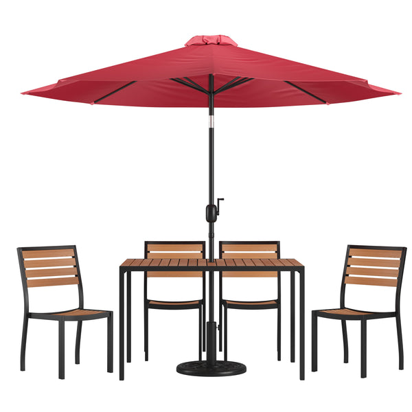 Red |#| Faux Teak 30inch x 48inch Patio Table, 4 Chairs & Red 9FT Patio Umbrella with Base