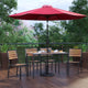 Red |#| Faux Teak 30inch x 48inch Patio Table, 4 Chairs & Red 9FT Patio Umbrella with Base