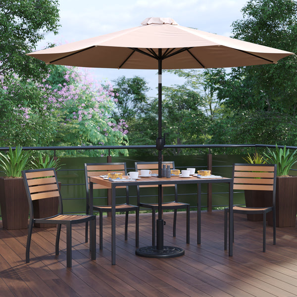 Tan |#| Faux Teak 30inch x 48inch Patio Table, 4 Chairs & Tan 9FT Patio Umbrella with Base