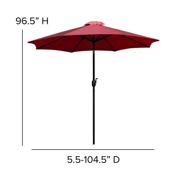 Red |#| Faux Teak 30inch x 48inch Patio Table, 4 Chairs & Red 9FT Patio Umbrella with Base