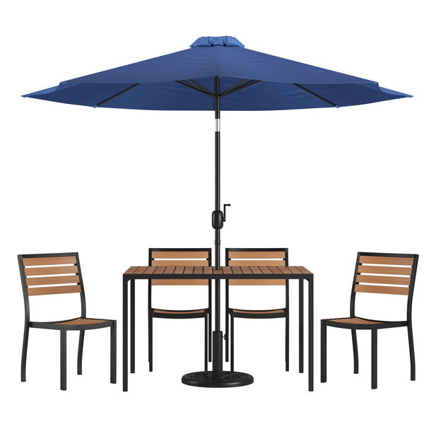 Navy |#| Faux Teak 30inch x 48inch Patio Table, 4 Chairs & Navy 9FT Patio Umbrella with Base