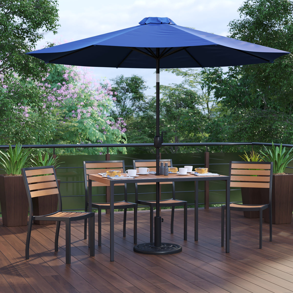 Navy |#| Faux Teak 30inch x 48inch Patio Table, 4 Chairs & Navy 9FT Patio Umbrella with Base