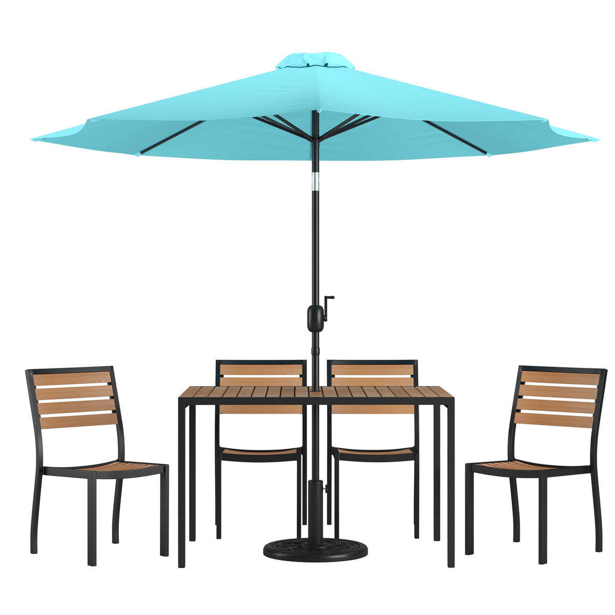 Teal |#| Faux Teak 30inch x 48inch Patio Table, 4 Chairs & Teal 9FT Patio Umbrella with Base