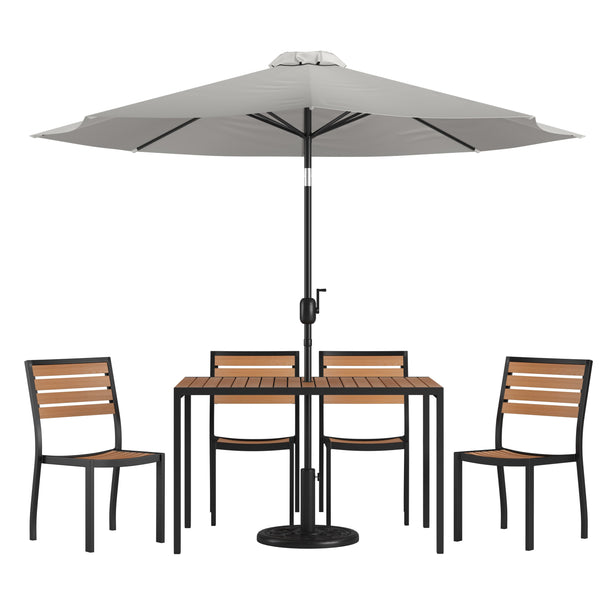 Gray |#| Faux Teak 30inch x 48inch Patio Table, 4 Chairs & Gray 9FT Patio Umbrella with Base