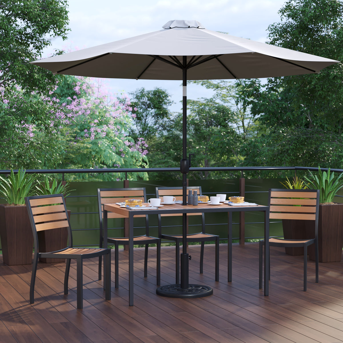 Gray |#| Faux Teak 30inch x 48inch Patio Table, 4 Chairs & Gray 9FT Patio Umbrella with Base