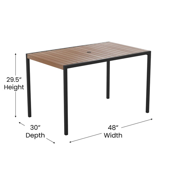 Gray |#| Faux Teak 30inch x 48inch Patio Table, 4 Chairs & Gray 9FT Patio Umbrella with Base