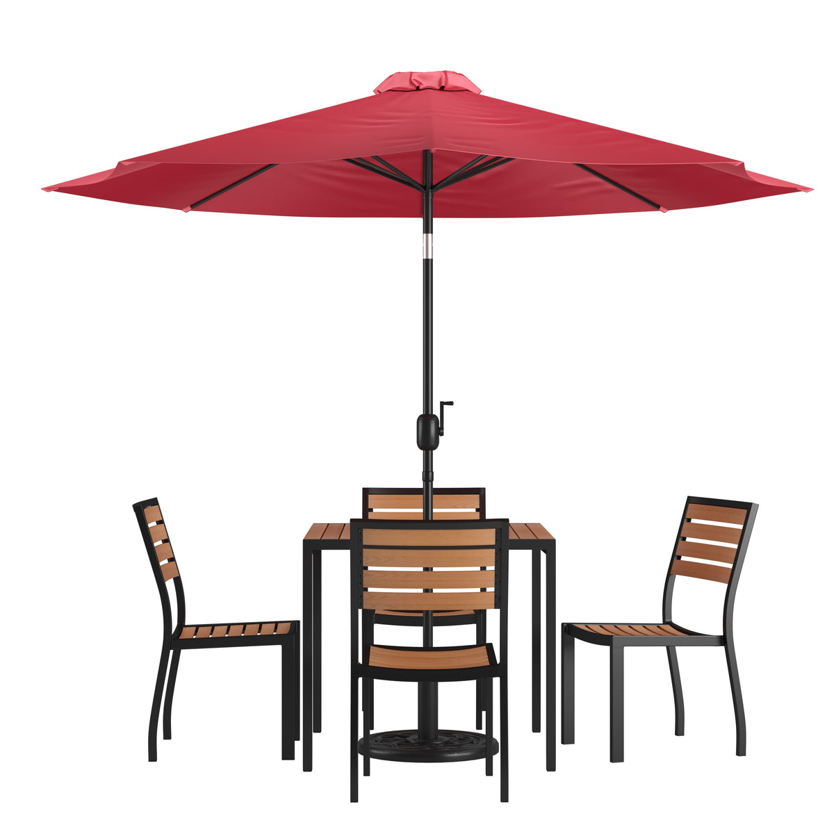 Red |#| Faux Teak 35inch Square Patio Table, 4 Chairs & Red 9FT Patio Umbrella with Base