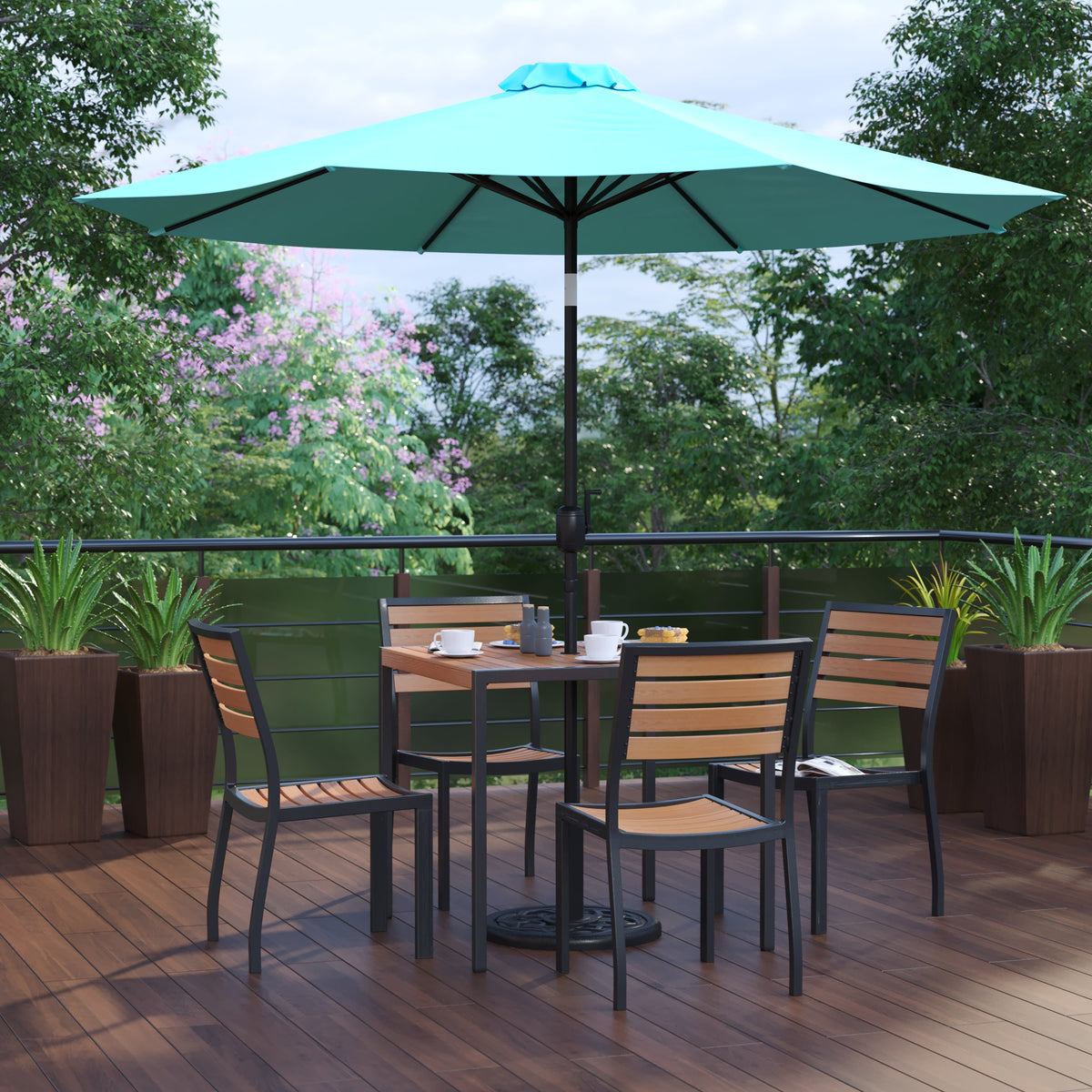 Teal |#| Faux Teak 35inch Square Patio Table, 4 Chairs & Teal 9FT Patio Umbrella with Base