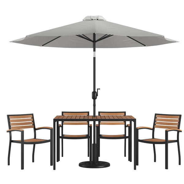 Gray |#| 30inch x 48inch Faux Teak Patio Table, 4 Chairs and Gray 9FT Patio Umbrella with Base