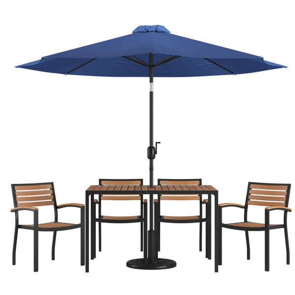 Navy |#| 30inch x 48inch Faux Teak Patio Table, 4 Chairs and Navy 9FT Patio Umbrella with Base