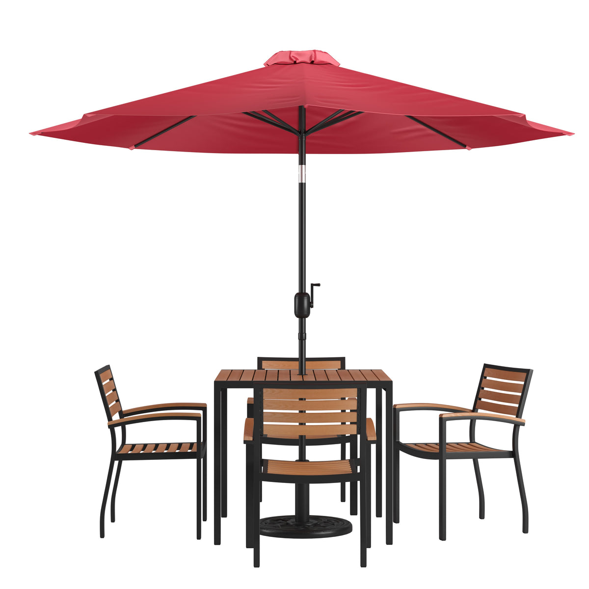 Red |#| 35inch Square Faux Teak Patio Table, 4 Chairs and Red 9FT Patio Umbrella with Base