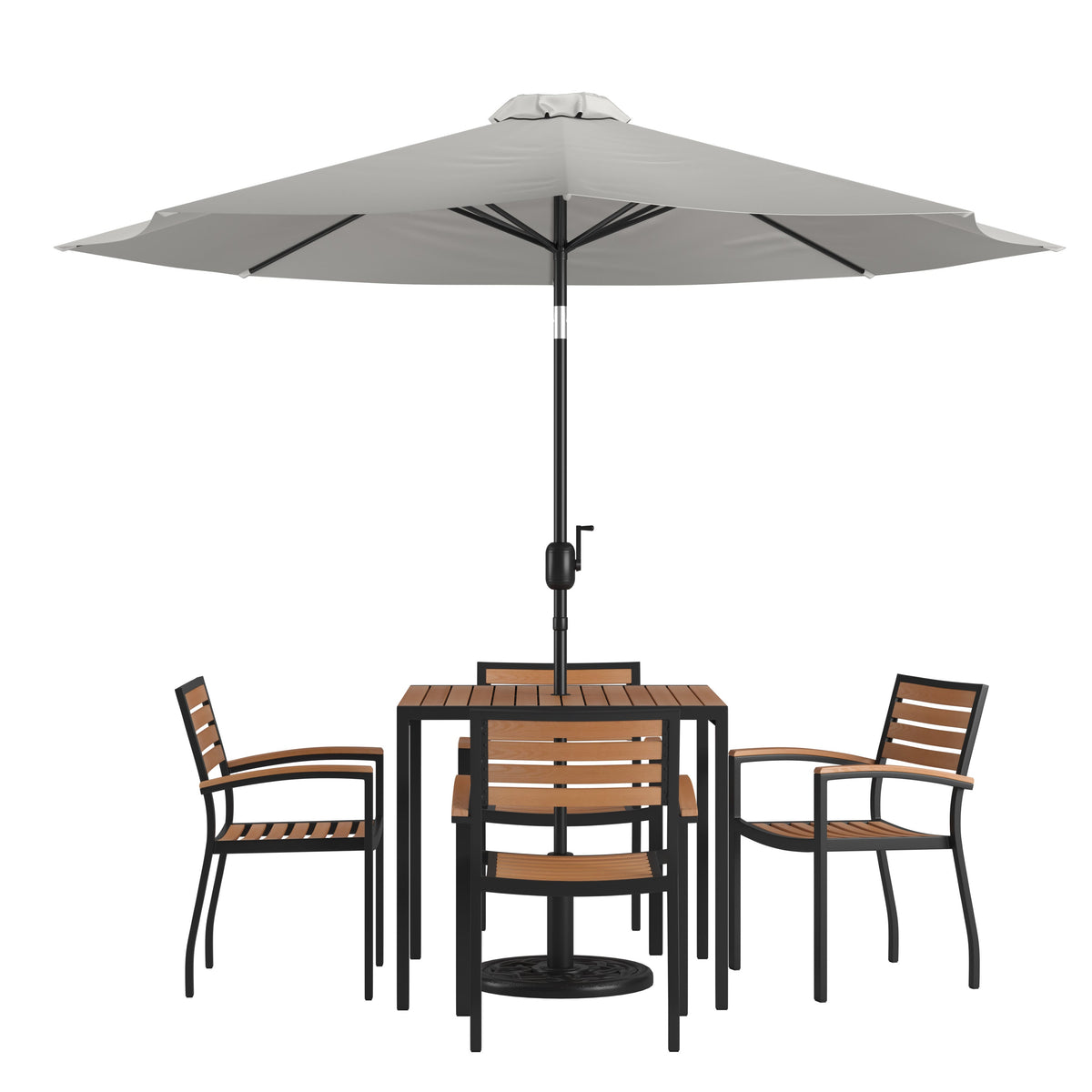 Gray |#| 35inch Square Faux Teak Patio Table, 4 Chairs and Gray 9FT Patio Umbrella with Base