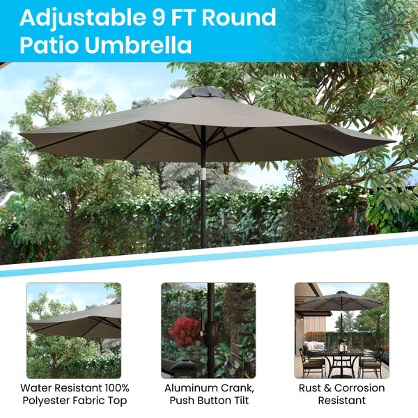 Gray |#| 35inch Square Faux Teak Patio Table, 4 Chairs and Gray 9FT Patio Umbrella with Base